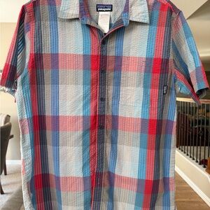 Patagonia Men's Red and Blue Plaid Shirt